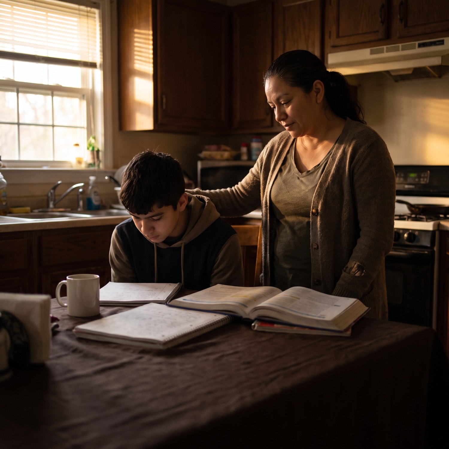 Madre acompañando a su hijo/a mientras estudia matemáticas en casa