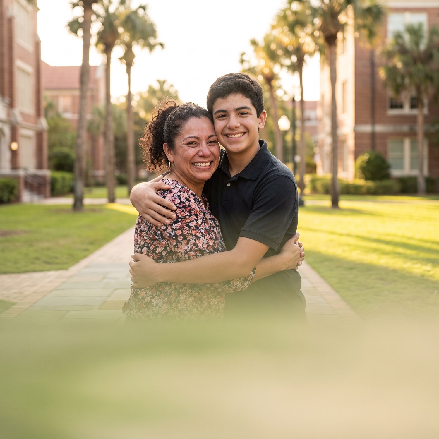 Madre e hijo/a abrazados y felices en el campus de una universidad de Florida
